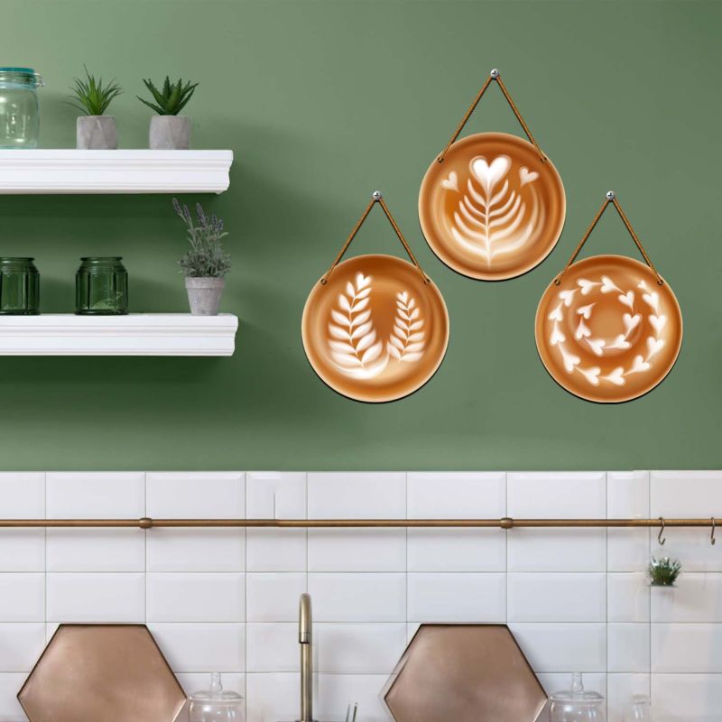 -Piece Coffee Art Round Wall Hanging Set Modern Cafe-Themed Wall Art for Kitchen, Coffee Bar, and Restaurant Decor